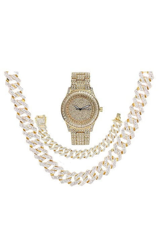 Gold Bling'ed Out Mens Watches on Blast w/Zig Zag Bling'ed Out Necklace & Bracelet Sets - New Cuban Z Links w/3 Row Diamonds on Each Side - ST102GSeries (ST10228 Gold w/Necklace-Bracelet)
