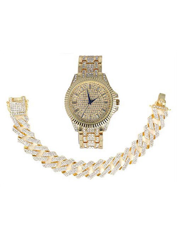 Gold Bling'ed Out Mens Watches on Blast w/Zig Zag Bling'ed Out Necklace & Bracelet Sets - New Cuban Z Links w/3 Row Diamonds on Each Side - ST102GSeries (ST10238 Gold w/Bracelet)