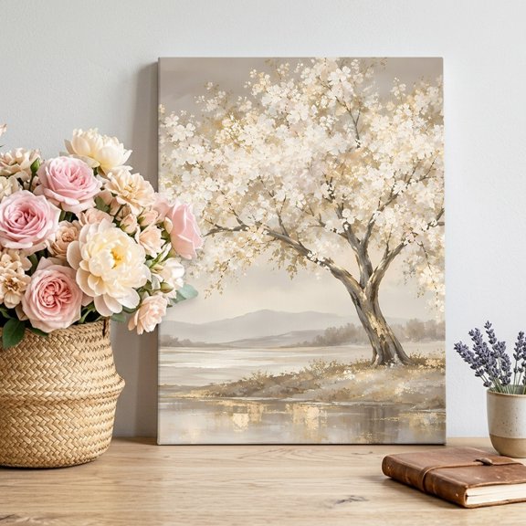 Gold Blossoming Tree Canvas Wall Art for Living Room 10"Lx8"W, Sprawling Branches Lake Water Distant Hills Poster Print Painting for Desk Vanity Narrow Stair Decoration Wall Pictures Prepare To Hang