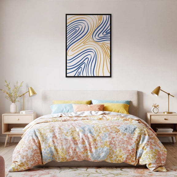 Gold Blue Abstract Line Wall Art, Modern Geometric Flow Decor, Stretched Canvas Size 12x18