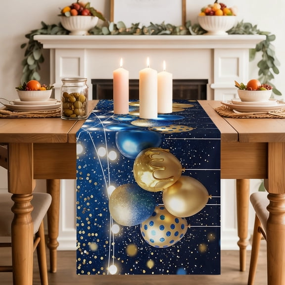 Gold Blue Balloons Table Runner 13x70 Inch Graduation Celebration Modern Festive Cotton Linen Dining Table Runner Ideal for Dresser Kitchen Coffee Tables - Machine Washable