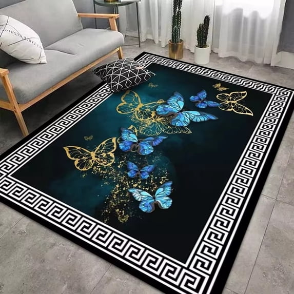 Gold Blue Butterfly Rug Runner Rug, Soft, Durable, Vintage Inspired, Distressed, Low Pile, Non-Shedding, Easy Clean, Printed, Living Room Rug