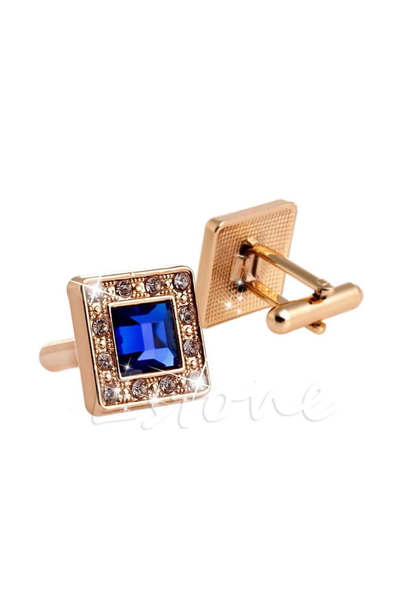 Gold +Blue Crystal Square Men's Cufflinks Cuff Links Men's Wedding Cufflinks