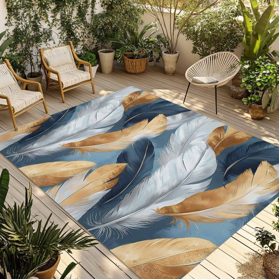 Gold Blue Feather Outdoor Rug 5x8 Ft - Reversible Patio Rug Outdoor Camping Rugs, Modern Abstract Aesthetics White Washable Indoor Outdoor Area Rugs, Non-Slip Outdoor Carpet Runner for Deck/Porch