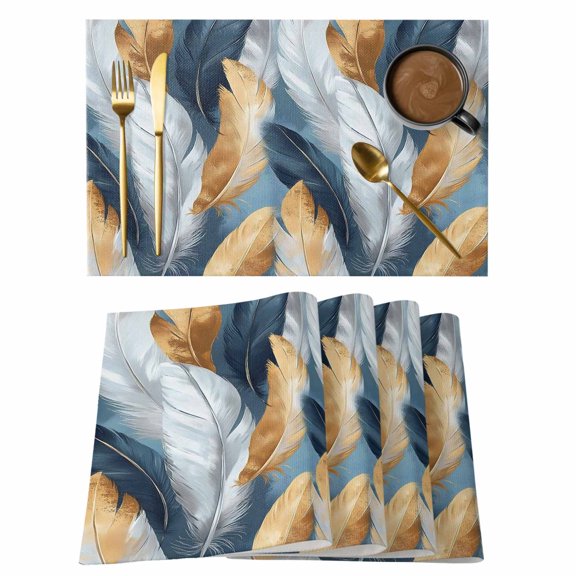 Gold Blue Feather Placemats Set of 12 Modern Abstract Aesthetics White Place Mats Indoor Wipeable Table Mats Washable Cloth Dining Table Placemats for Kitchen Holiday Party Home Decor 13x19 Inch