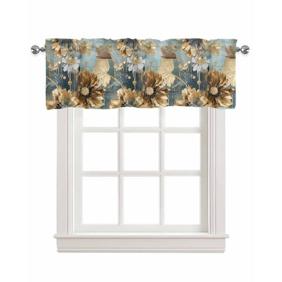 Gold Blue Flower Linen Curtain Valance for Bedroom/Bathroom/Kitchen/Office/Living/Dining Room Windows,Luxurious Abstract Modern Painting Rod Pocket Topper Drapes Decorative Cafe Drapery Panel 54x18