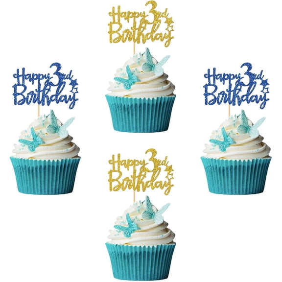 Gold & Blue Glitter Happy 3rd Birthday Cupcake Toppers,12PCS Third Birthday Cupcake Picks for Toddler Kids Birthday Party Cake Decorations