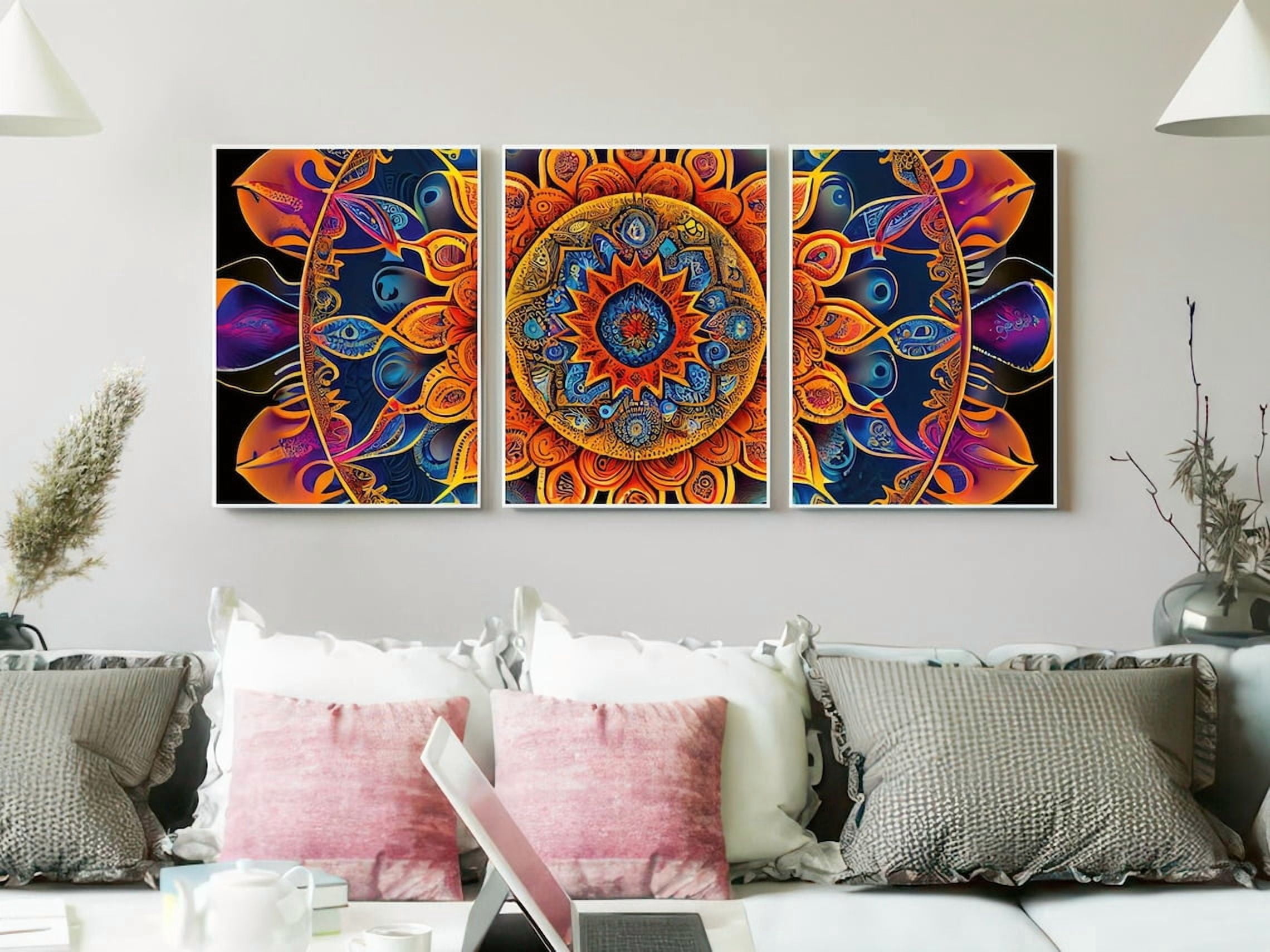 Gold Blue Glowing Mandala Prints Set Of 3, Dark Background Spiritual ...