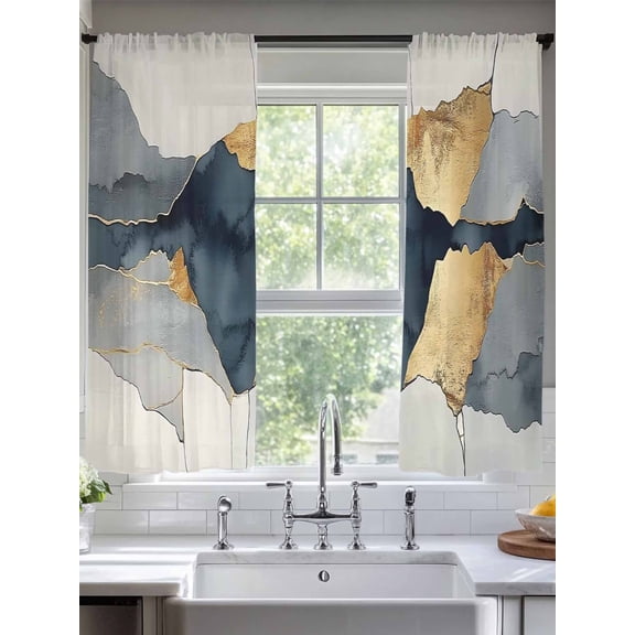 Gold Blue Gray Marble Sheer Curtains for Living Room Bedroom Retro Abstract Patterned Art Sheer Curtains 63 Inch Long 2 Panels Set Light Filtering Curtain Window Treatments Drapes for Dining Room