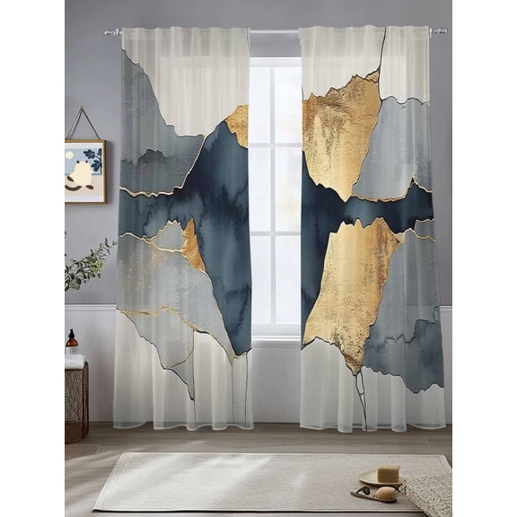 Gold Blue Gray Marble Sheer Curtains for Living Room Bedroom Retro Abstract Patterned Art Sheer Curtains 96 Inch Long 2 Panels Set Light Filtering Curtain Window Treatments Drapes for Dining Room