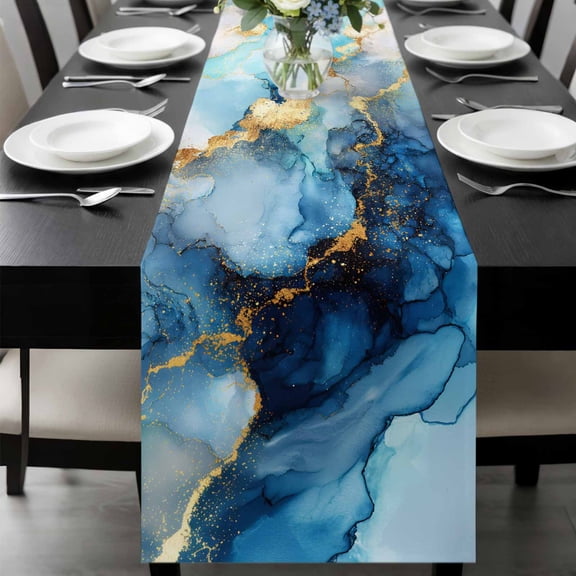 Gold Blue Marble Table Runner, Luxury Gorgeous Ocean Abstract Modern Washable Cotton-linen Table Runners Dining Kitchen Decoration for Everyday Home Wedding Party Decor, 13 x 36 Inch