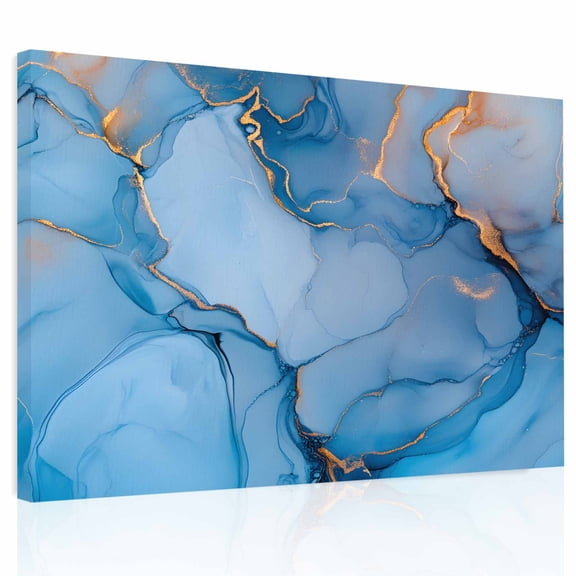 Gold Blue Marble Texture Canvas Print Wall Art, Abstract Gradient Water Ripple Wall Decor Modern Artwork Paintings Pictures for Living Room Framed and Stretched Ready to Hang, 12" x 16"