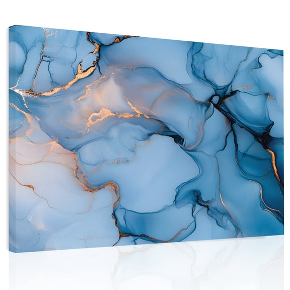 Gold Blue Marble Texture Canvas Print Wall Art, Abstract Water Ripple Gradient Wall Decor Modern Artwork Paintings Pictures for Living Room Framed and Stretched Ready to Hang, 12" x 16"