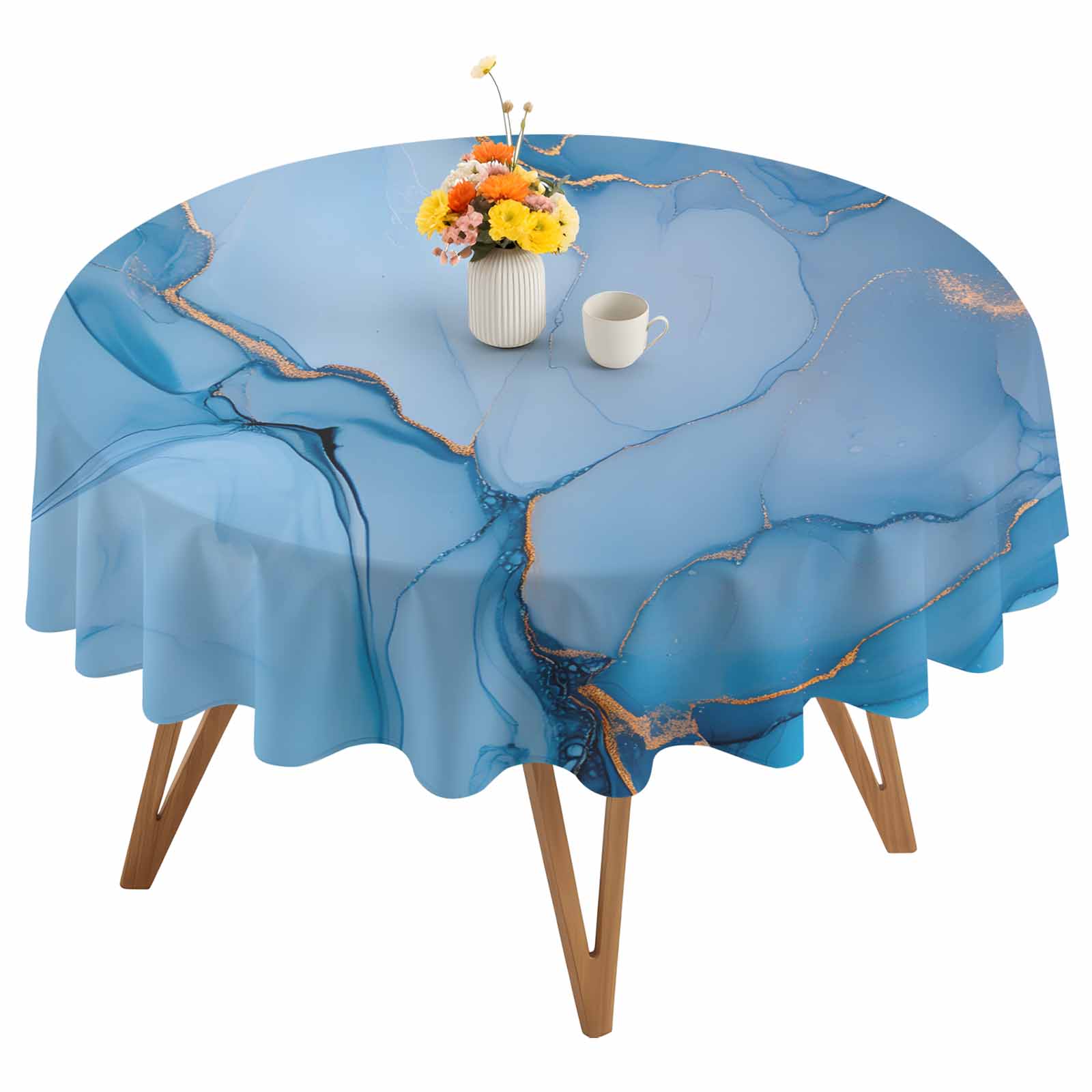 Round Ripple Cloth Gold Blue Marble Texture Round Tablecloth 60 inches Abstract Gradient ...