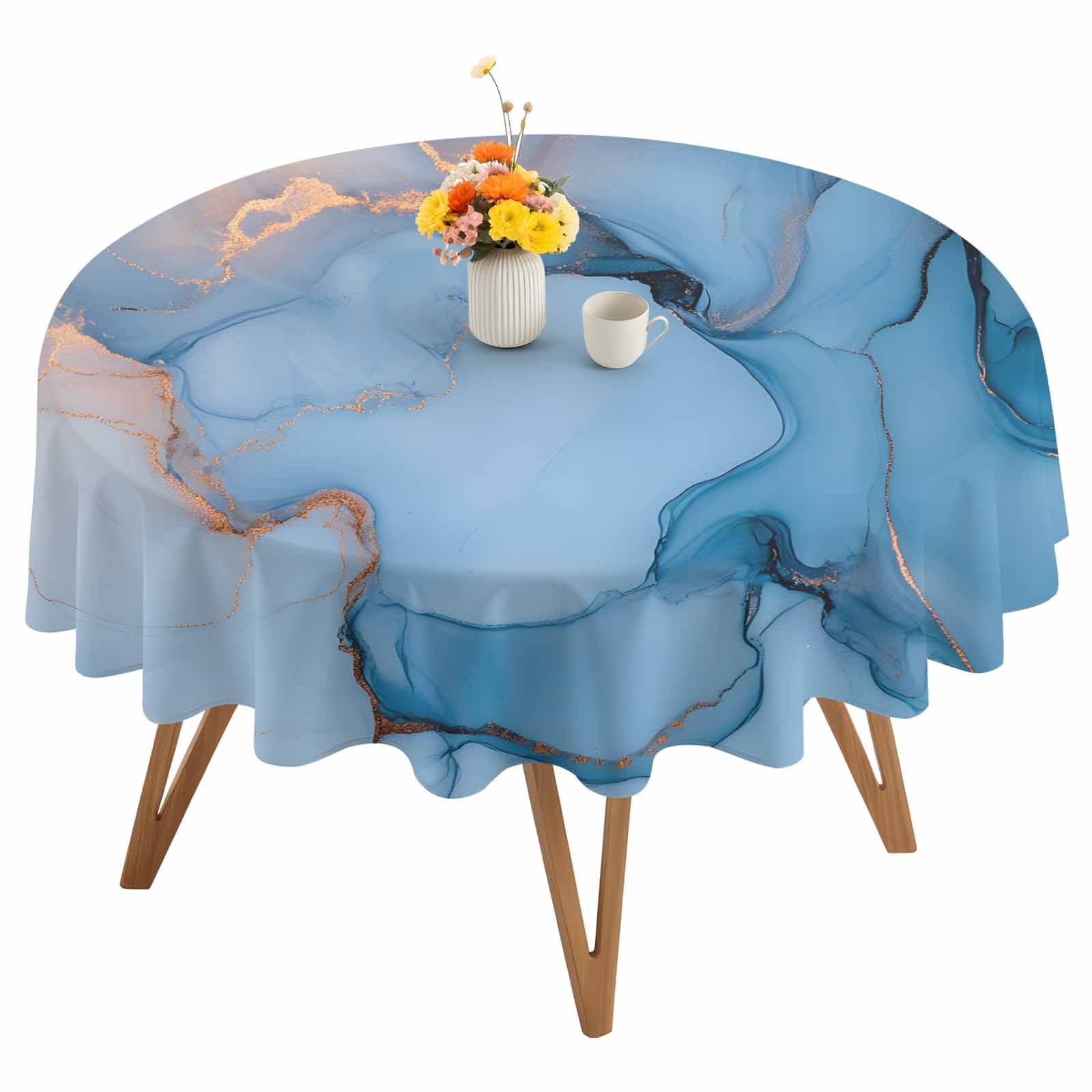 Round Ripple Cloth Gold Blue Marble Texture Round Tablecloth 60 inches Abstract Water ...