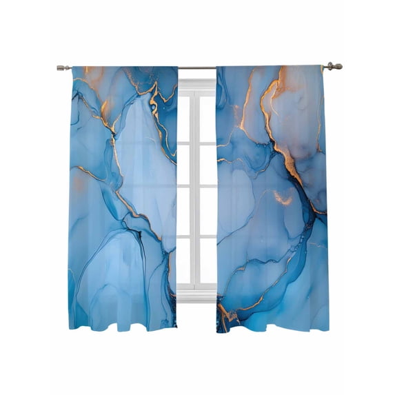 Gold Blue Marble Texture Sheer Curtains 72 inches Long 2 Panels Set Abstract Gradient Water Ripple Sheer Window Curtain Rod Pocket Voile Drapes for Living Room/Bedroom, Each 52" W x 72" L