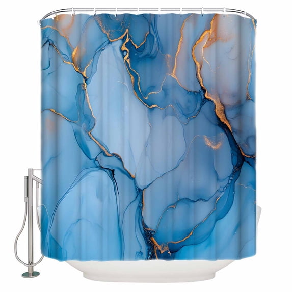 Gold Blue Marble Texture Shower Curtain, 72" x 72", Abstract Gradient Water Ripple Waterproof Bathroom Curtain Washable Shower Curtain Set with 12 Hooks