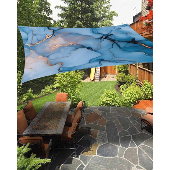 Gold Blue Marble Texture Waterproof Sun Shade Sail Abstract Water Ripple Gradient Outdoor Patio Sun Shades Canopy UV Block Waterproof Sunshade for Garden Backyard Deck Pergola 8x10 Ft