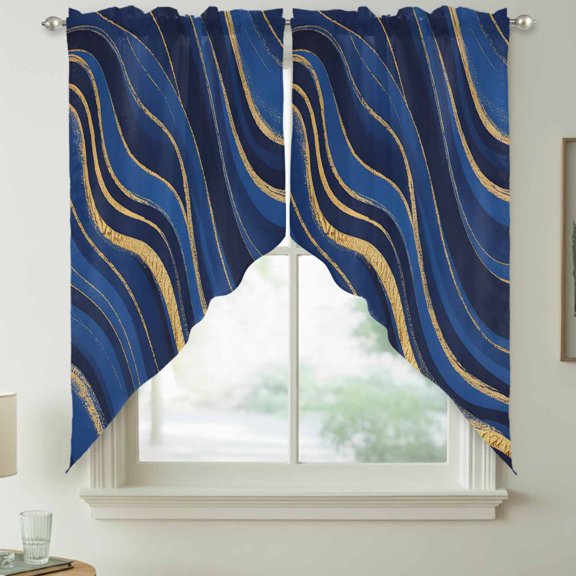 Gold Blue Ripple Lines Swag Kitchen Curtain Valances, Strip Abstract Modern Rod Pocket Curtains Window Treatment Decor Valances for Bedroom Bathroom, 2 Panels 36 x 63 Inch