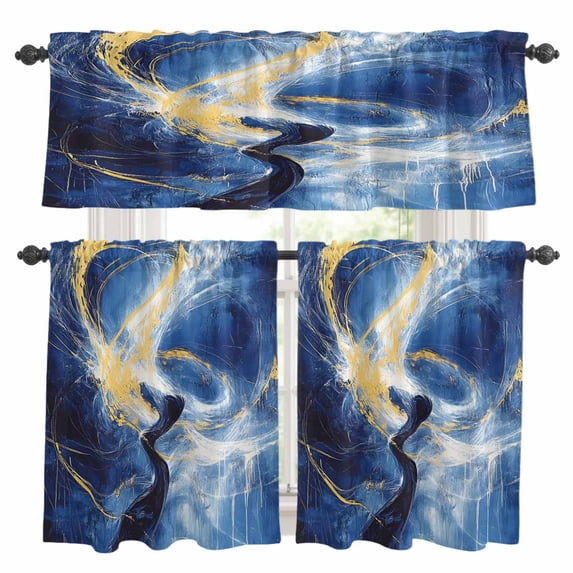 Gold Blue Sky Kitchen Curtains Valances and Tiers Set of 3 Abstract Vintage Oil Painting Art Tier Curtains and Valance with Rod Pocket for Small Windows, 27.5"x36"
