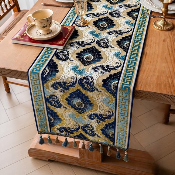 Gold Blue Table Runner 14x79 Inch – Statement Piece for Banquet Table, Luxury Hotel, Anniversary Gift – Woven with Gold Thread
