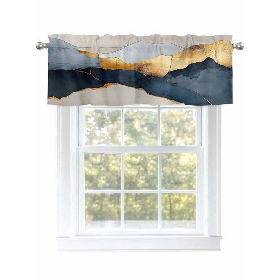 Gold Blue Valances for Windows, Rod Pocket Kitchen Valance Curtains - Soft & Washable Small Window Treatment for Living Room,&nbsp;Bathroom, Modern Mountain Rock Scenery , 42x12 Inch, 1 Panel