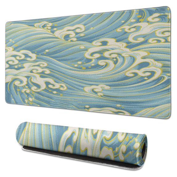 Gold Blue Waves pad Mousewaterproof,rubber+multispandexwashable MousematDesk Pad for Office Home Game 31.5x15.7inches
