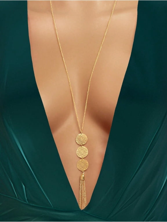 Gold Bohemian Long Chain Necklace With Three Filigree Discs And Tassel Pendant