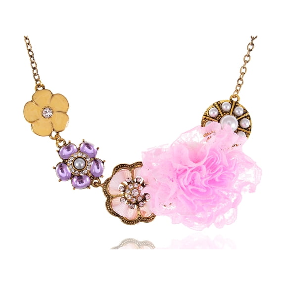 Gold Boho Clear Rhinestones Faux Pearls Enamel Ribbon Lace Flower Floral Statement Necklace