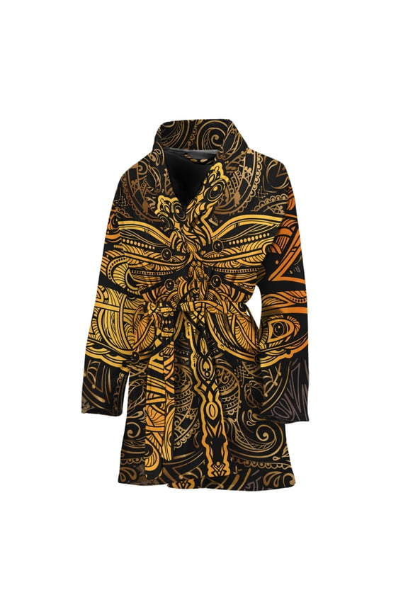 Gold Boho Dragonfly Women Bathrobe One Size Univeral Fits, Dragonflies Fashion Lightweight Plush Fleece Long Robe For Women