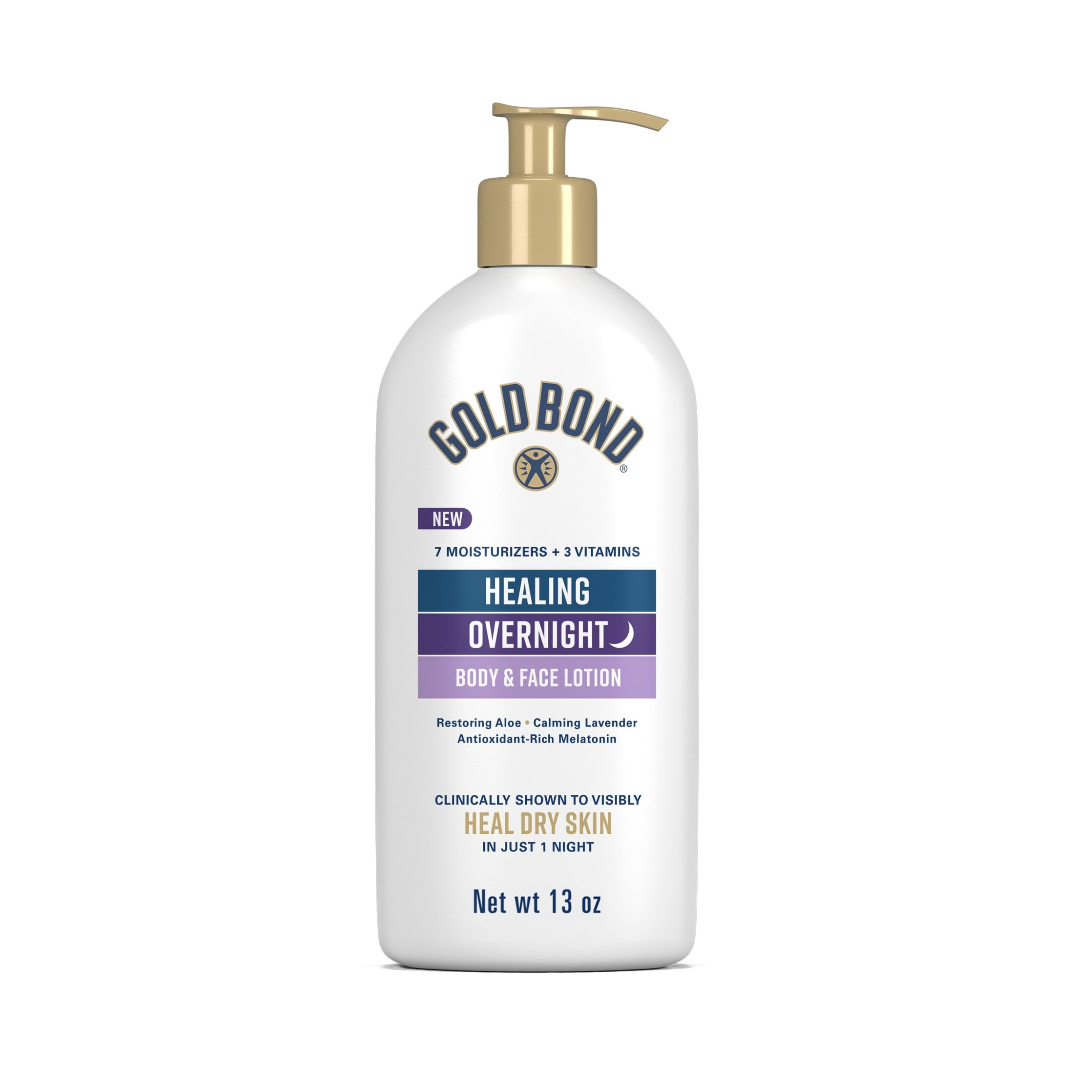 Gold Bond Healing Overnight Body and Face Lotion for Dry Skin, Nongreasy Moisturizer with Hyaluronic Acid, Aloe and Melatonin Works While You Sleep, 13 oz.