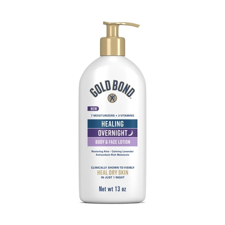 Gold Bond Healing Overnight Body and Face Lotion for Dry Skin, Nongreasy Moisturizer with Hyaluronic Acid, Aloe and Melatonin Works While You Sleep, 13 oz.