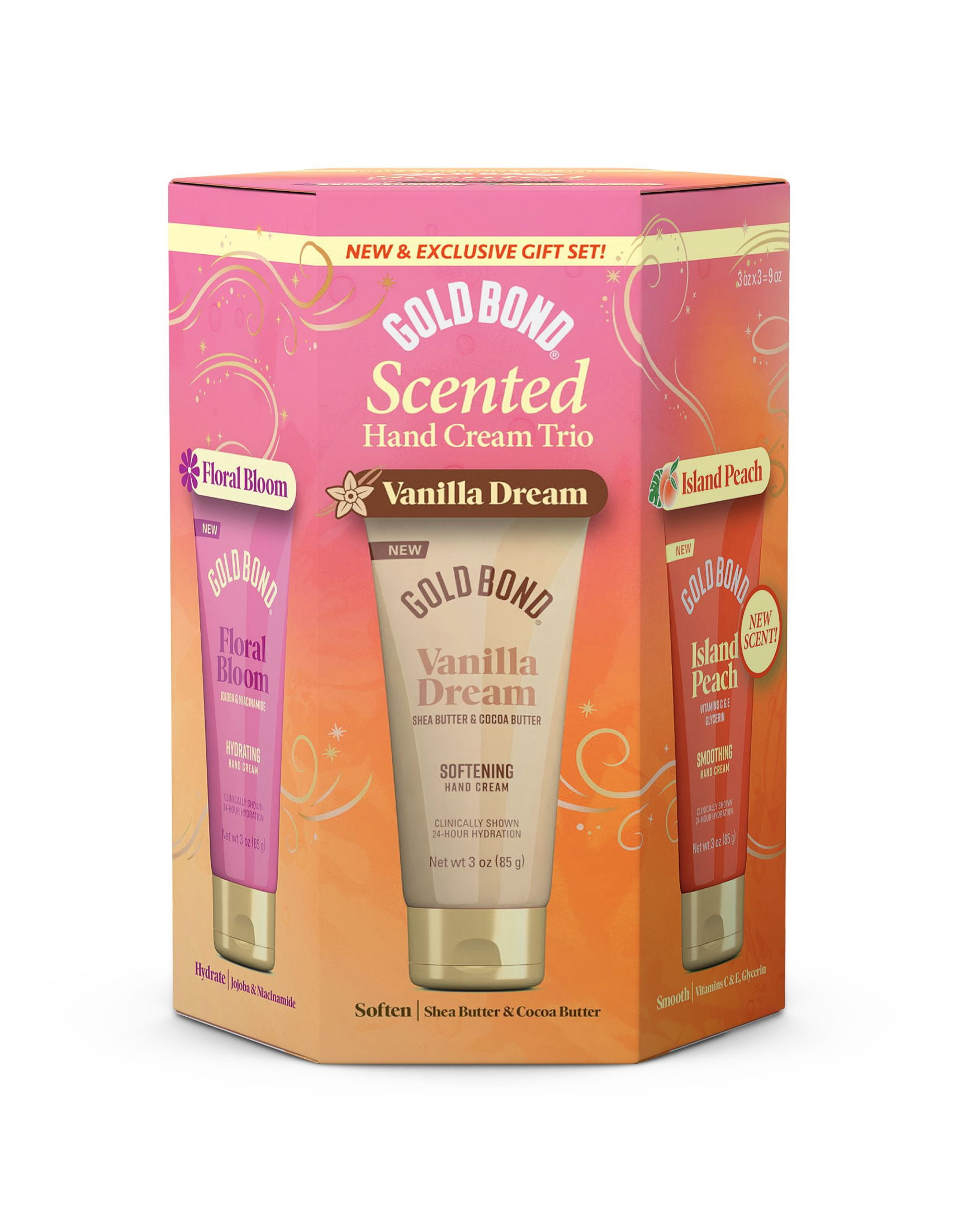 Gold Bond Scented Hand Cream Gift Set, 3-Pack, Vanilla Dream, Floral Bloom, Island Peach, 3 oz Each