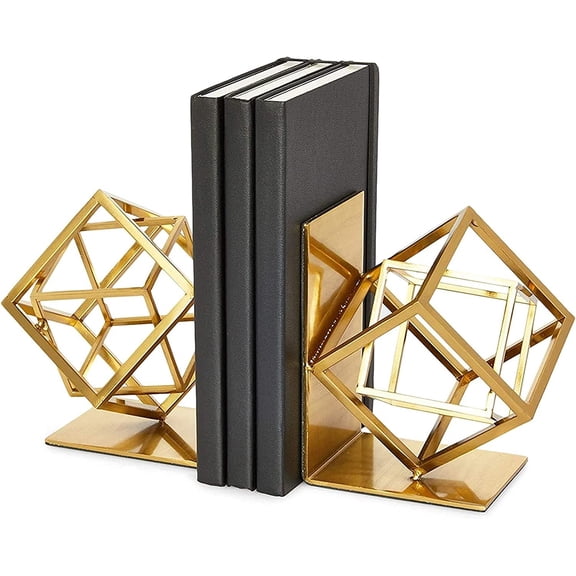 Gold Bookends - Heavy-Duty Metal Book Ends for Bookshelf Decor - Geometric Square Style for Decorative Books Display for Coffee Table & End Table Decor - 5 x 6 x 3 in, Pack of 2