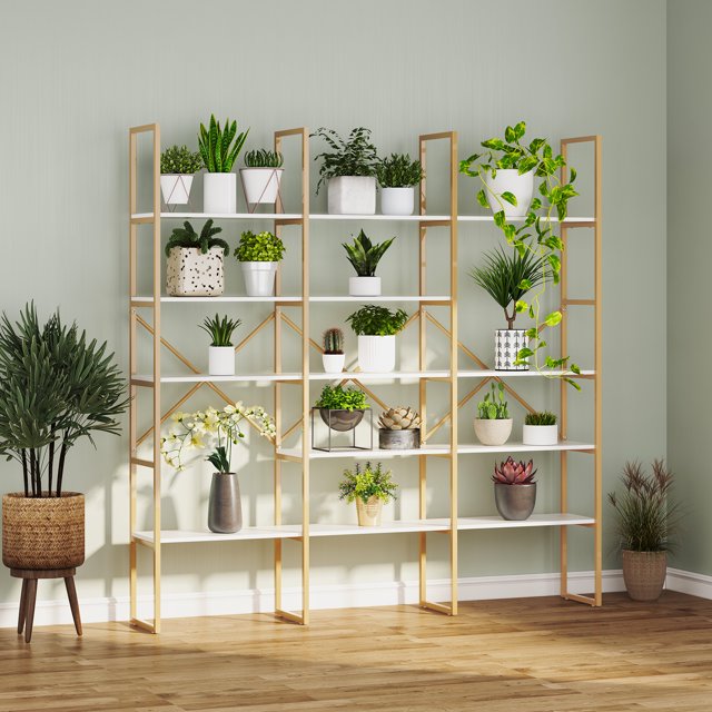 Gold Bookshelf 5 Tiers, Geometric Bookcase, 71"L x 71"H Tall Gold