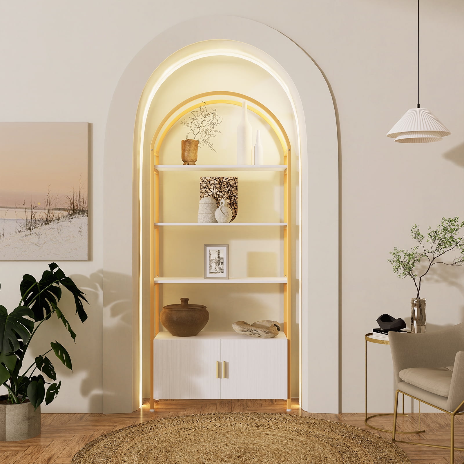 Gold Bookshelf, Arched Bookcase with Doors Storage, 71" Tall Industrial