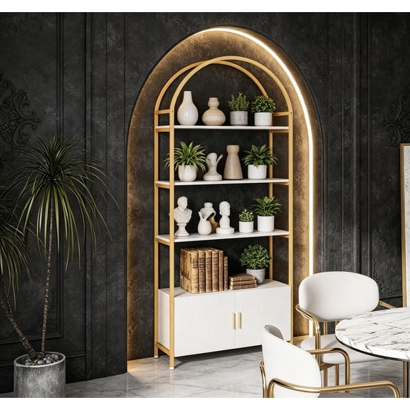 Gold Bookshelf, Arched Bookcase with Doors Storage, 71" Tall Industrial Book Shelf with Sturdy Metal Frame, Freestanding Display Shelving Unit, White and Gold