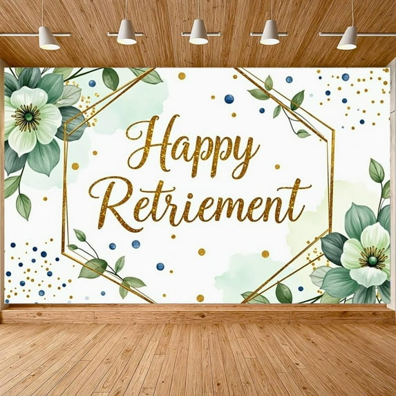 Gold Border Happy Retirement Banner Green Floral Retirement Party Banner Blue Gold Confetti Watercolor Celebration Banner for Retirement Party Indoor Event Photo Shoot