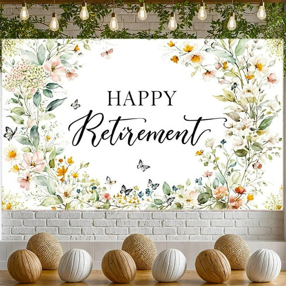 Gold Border Happy Retirement Banner Green Floral Retirement Party Banner Blue Gold Confetti Watercolor Celebration Banner for Retirement Party Indoor Event Photo Shoot