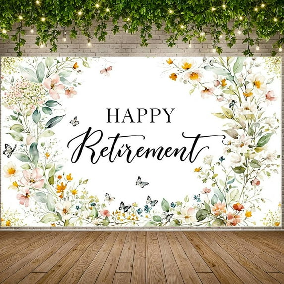 Gold Border Happy Retirement Banner Green Floral Retirement Party Banner Blue Gold Confetti Watercolor Celebration Banner for Retirement Party Indoor Event Photo Shoot