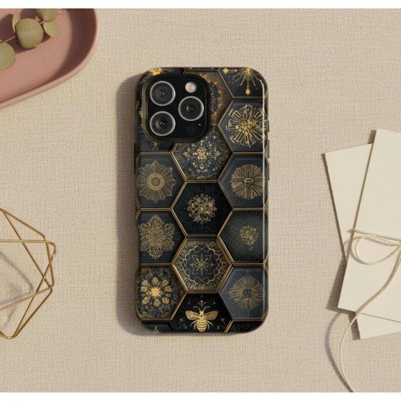 Gold Botanical Bee and Celestial Honeycomb Tough Case for Select Apple iPhone Models, Polycarbonate and TPU