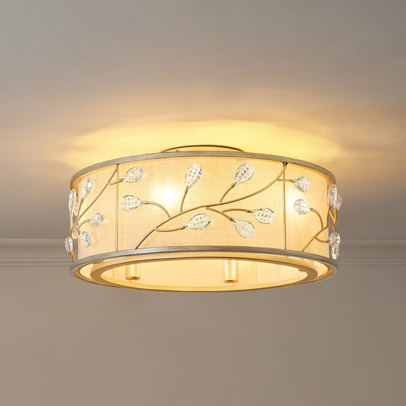 KAISITE 20" Modern Gold Ceiling Fan with Light, Metal Drum Linen Crystal Shade for Bedroom Living Room Dining Room
