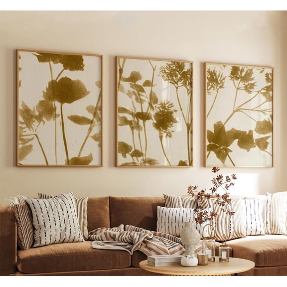 Gold Botanical Japandi Floral Shadow Wall Art Set 3 Unframed Paper Print 8x12