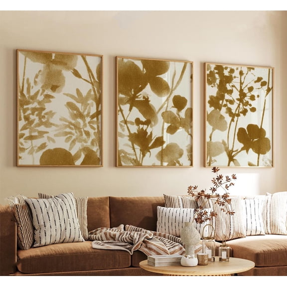Gold Botanical Silhouette Neutral Floral Shadow Japandi Minimal Nature Set 3 Unframed Paper Print 8x12