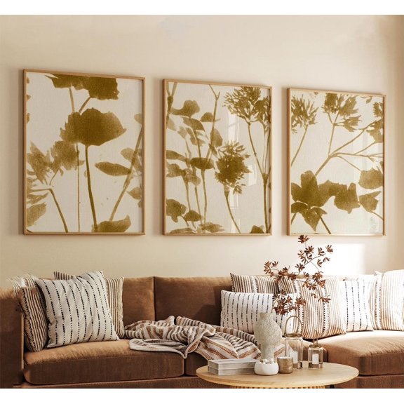 Gold Botanical Silhouette Neutral Japandi Wall Art Minimal Floral Shadow Set 3 Unframed Paper Print 16x24