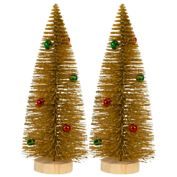 Gold Bottle Brush Christmas Trees with Ball Ornaments Approximately 7 Inches Festive Holiday Artificial Plant Miniature Winter Seasonal Occasional Design Display Centerpiece Pack of 2