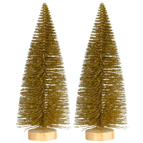 Gold Bottle Brush Mini Christmas Trees Approximately 8 Inches Holidays Festive Winter Seasonal Sentimental Decorations Home Office School Indoor Events Portable Centerpieces Pack of 2