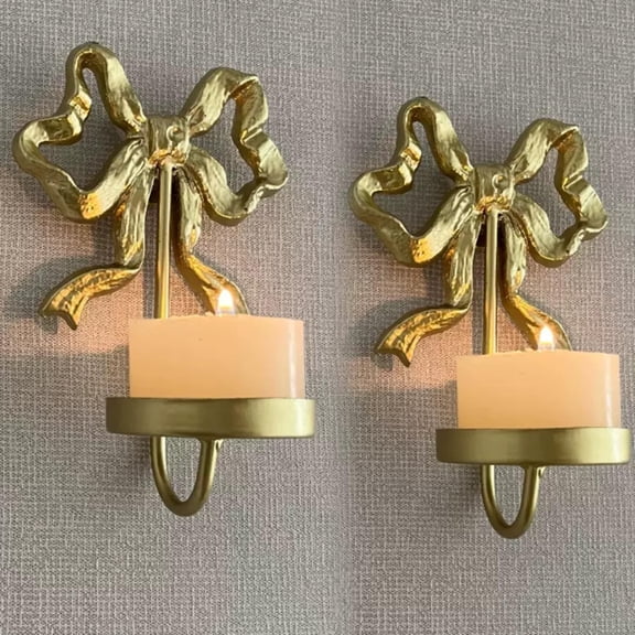 Gold Bow Candle Holders Wall Mounted Set of 2, Small Cute Modern Metal Iron Pillar Candle Sconces, Coquette Candlestick Stand Room Decor$$Home Decor, Kitchen, & Other