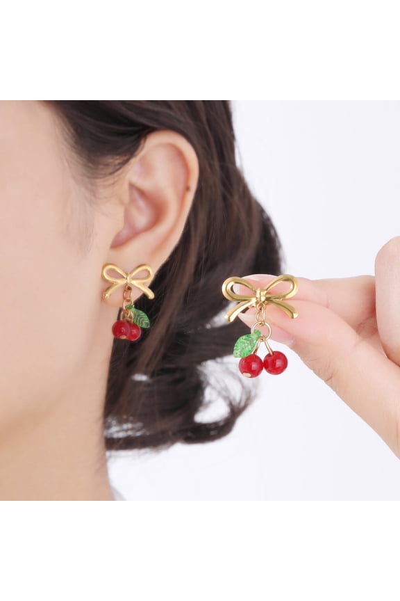 Gold Bow Cherry Earrings for Women, Dainty Bow Ribbon Stud Earrings, Small Bowknot Earrings Jewelry Birthday Christmas Gifts