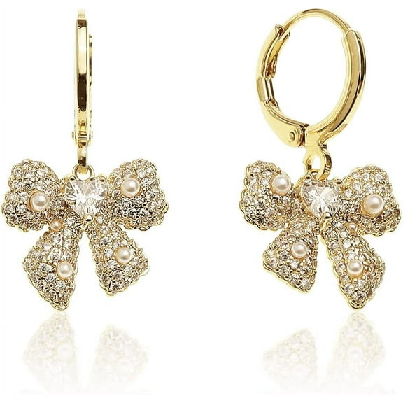 Gold Bow Dangle Hoop Earrings for Women - Cute Sparkly Cubic Zirconia Rhinestone Ribbon Drop Small Circle Huggie Cartilage Hypoallergenic Daily Jewelry Gift